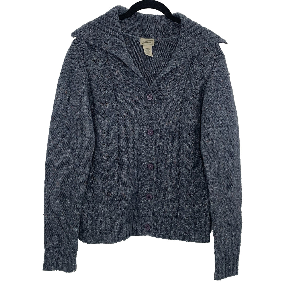 LL BEAN Chunky Cable Knit Cardigan S Blue Marled Purple Button Wool Vintage EUC